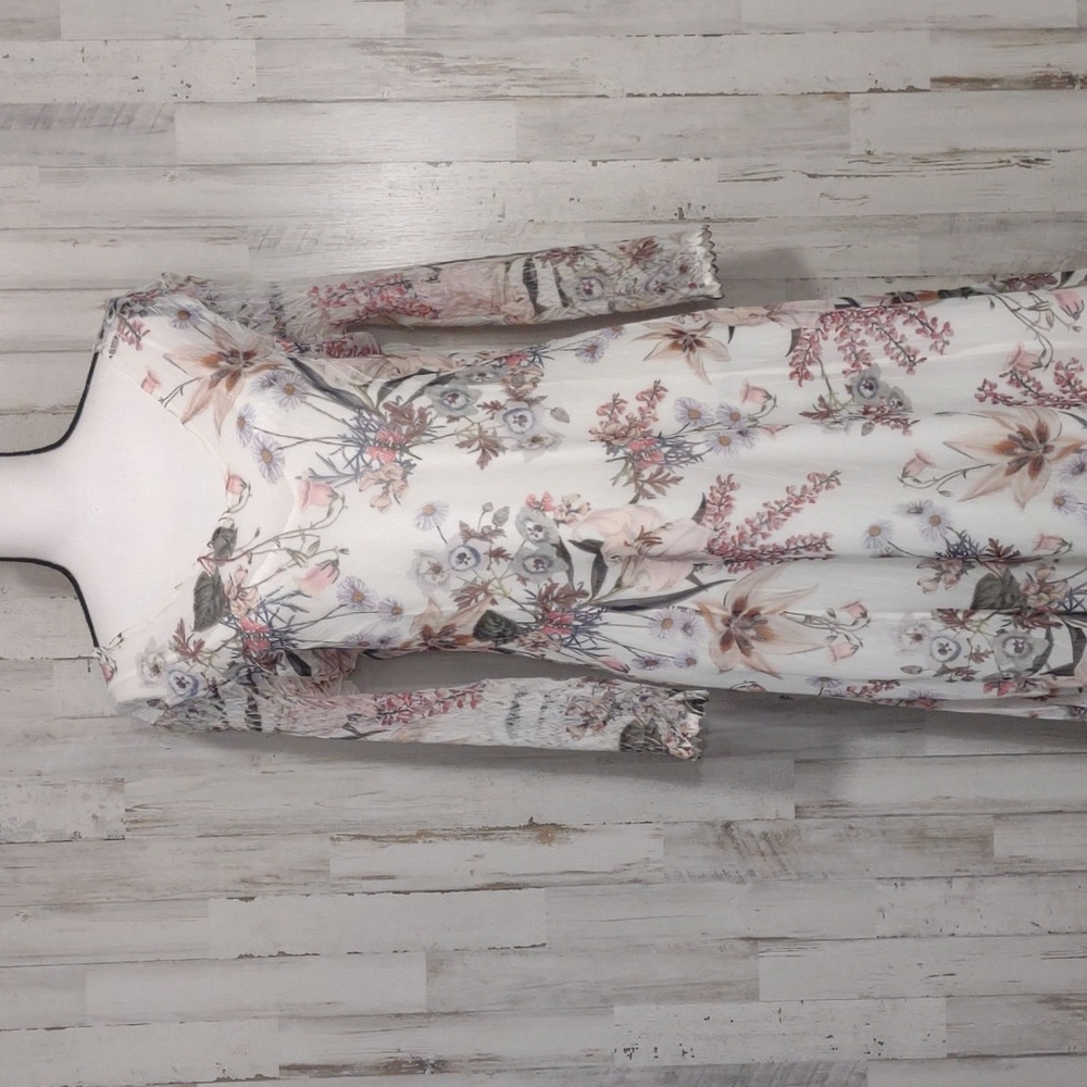 Komarov White Charmeuse Floral 3/4 Sleeve Midi Dress